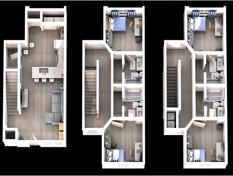 Three different layouts of a room with furniture and decorations.